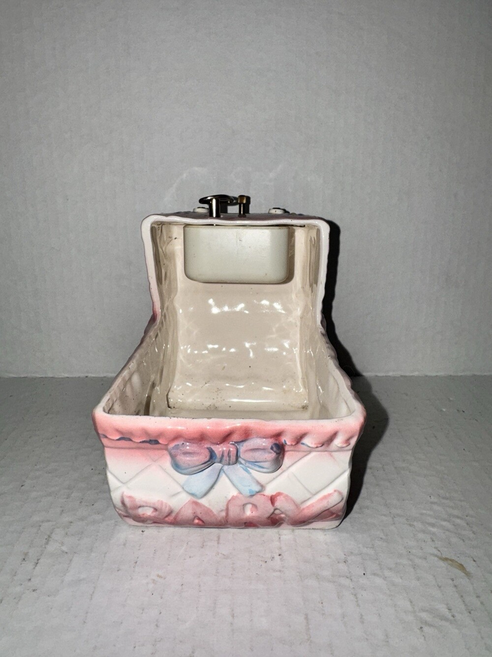 Vintage Pink Ceramic Baby Bassinet Planter Music Box Fawn Butterfly Working